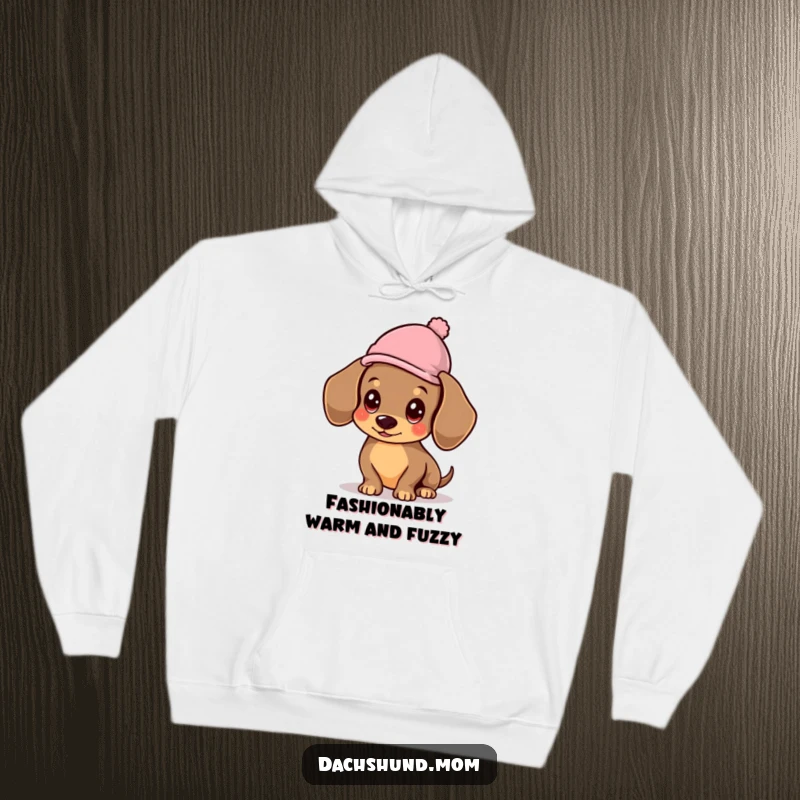 Funny Kawaii Dachshund Hoodie, a warm garment featuring a dog wearing a hat, exuding playful sophistication.
