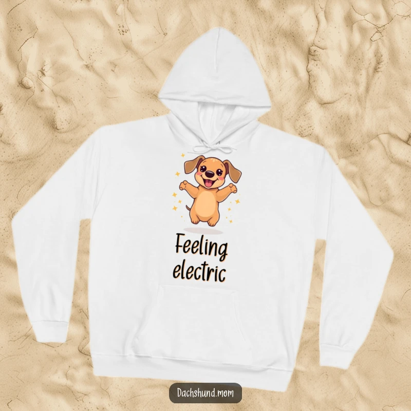 Funny Kawaii Dachshund Hoodie, featuring a dog mid-jump with pure delight, surrounded by dazzling sparkles, a cozy gift.