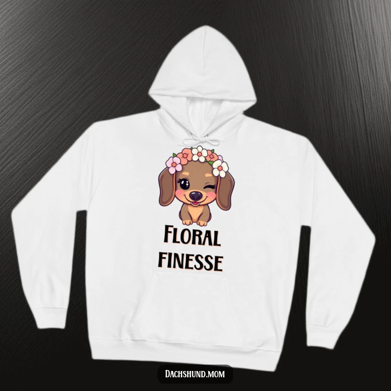 Funny Kawaii Dachshund Hoodie featuring a dog with a flower crown playfully winking, offering cozy and humorous comfort as a gift.