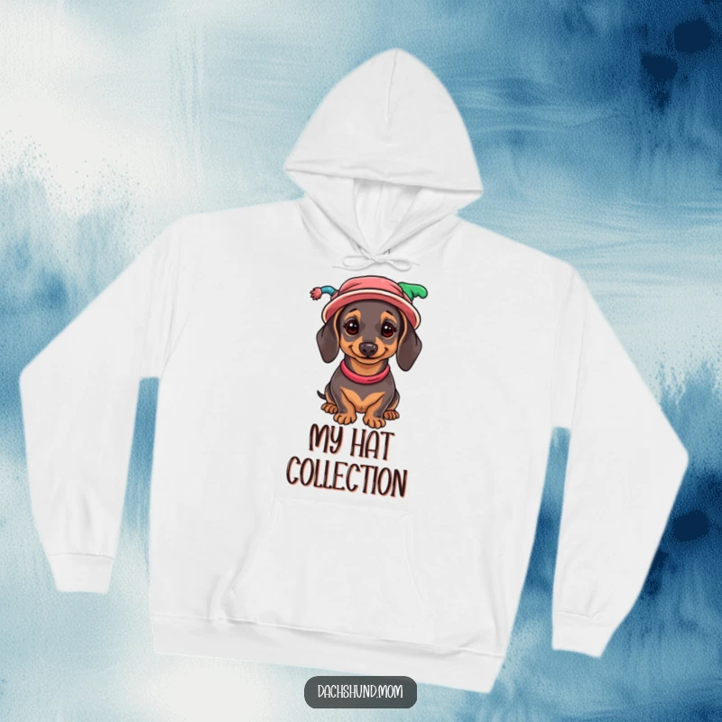Funny Dachshund Hoodie: A cozy hoodie showcasing a wiener dog adorned with a comical, colorful variety of hats.