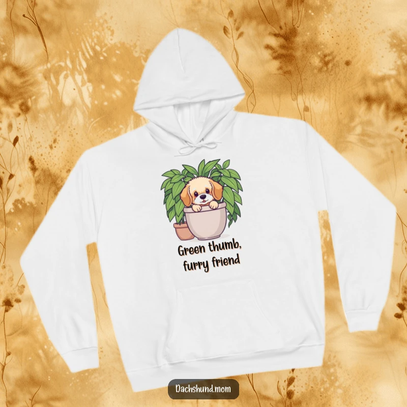 Funny Dachshund Plant Hoodie: Fluffy Dachshund pup peeking from a plant. Comfortable and humorous clothing.