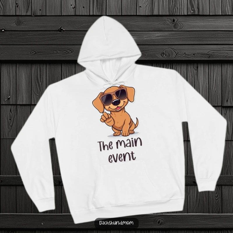 Funny Kawaii Dachshund Hoodie: a stylish dachshund wearing large sunglasses, dramatically pointing a paw, radiating cool confidence.