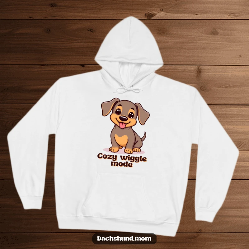 Funny Kawaii Dachshund Hoodie: Adorable wiggling dog with wagging tail, cozy cute apparel, happy pet owner.
