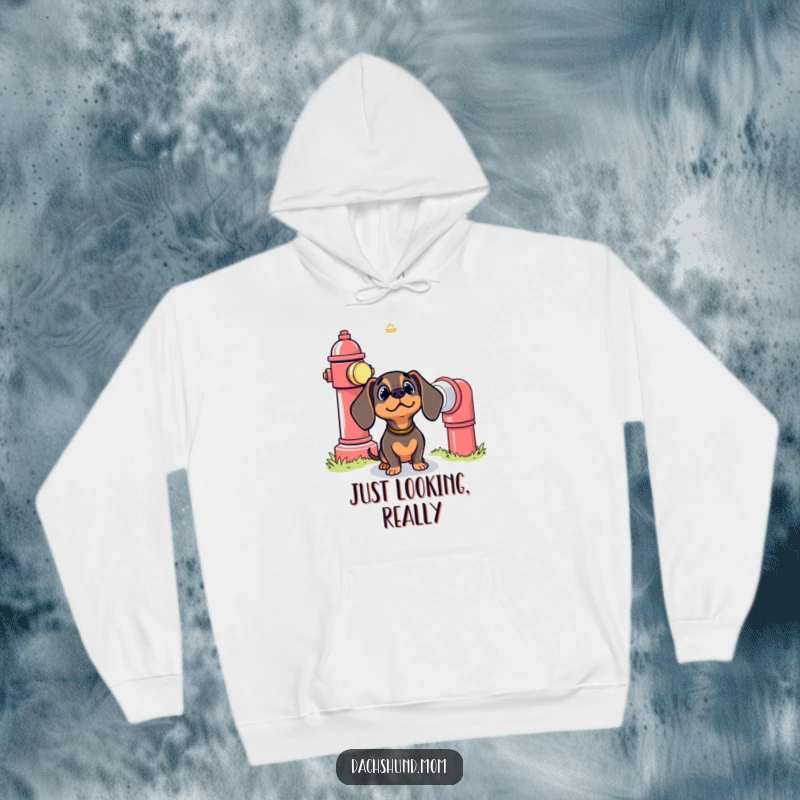 Funny Kawaii Dachshund Hoodie: A cute dog looks up with a bewildered expression at a giant fire hydrant, lost in thought.