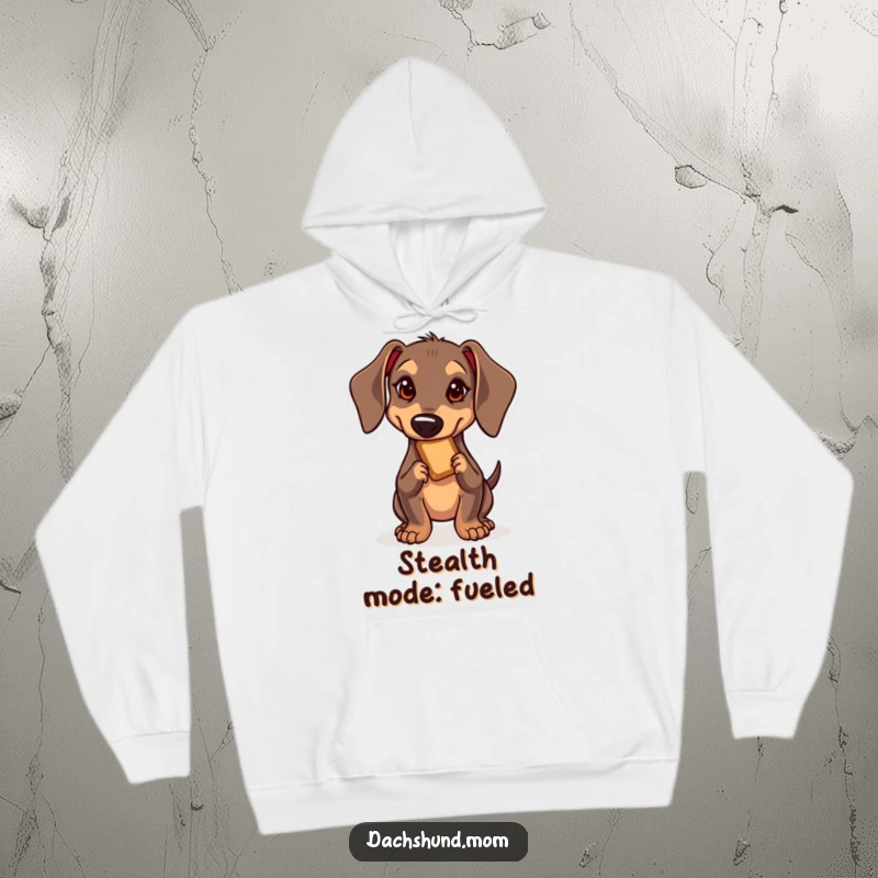 Funny Kawaii Dachshund Hoodie: A determined little dachshund in kawaii style, creeping towards a delicious treat, embodying sweet mischief.