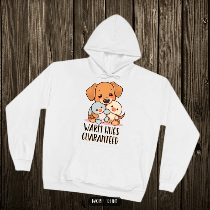 Funny Kawaii Dachshund Hoodie, a soft hoodie featuring a dog hugging a plush toy, symbolizing warmth and security.