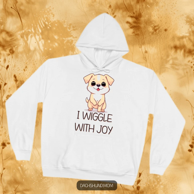 Funny hoodie featuring a tiny, long dog with big eyes enthusiastically wiggling its body, radiating happiness.