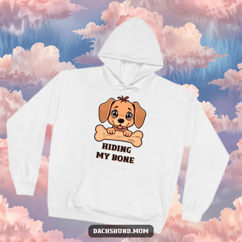 Funny Kawaii Dachshund Hoodie depicting a dog with large, sparkling eyes peeking from behind an oversized bone.