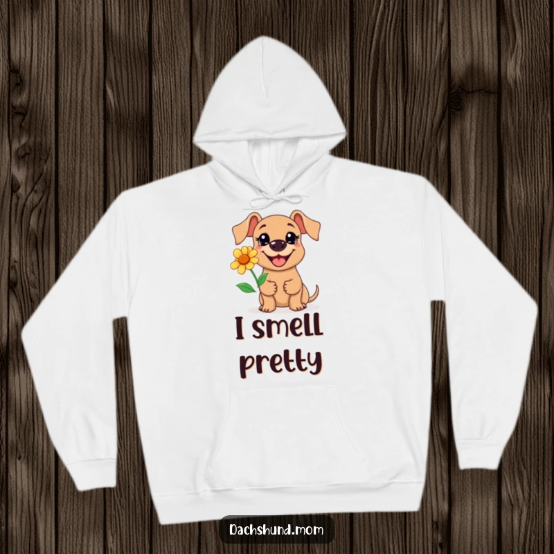 Funny Kawaii Dachshund Flower Hoodie: A cute dachshund with a big grin holds a flower, warm and cozy, gift.