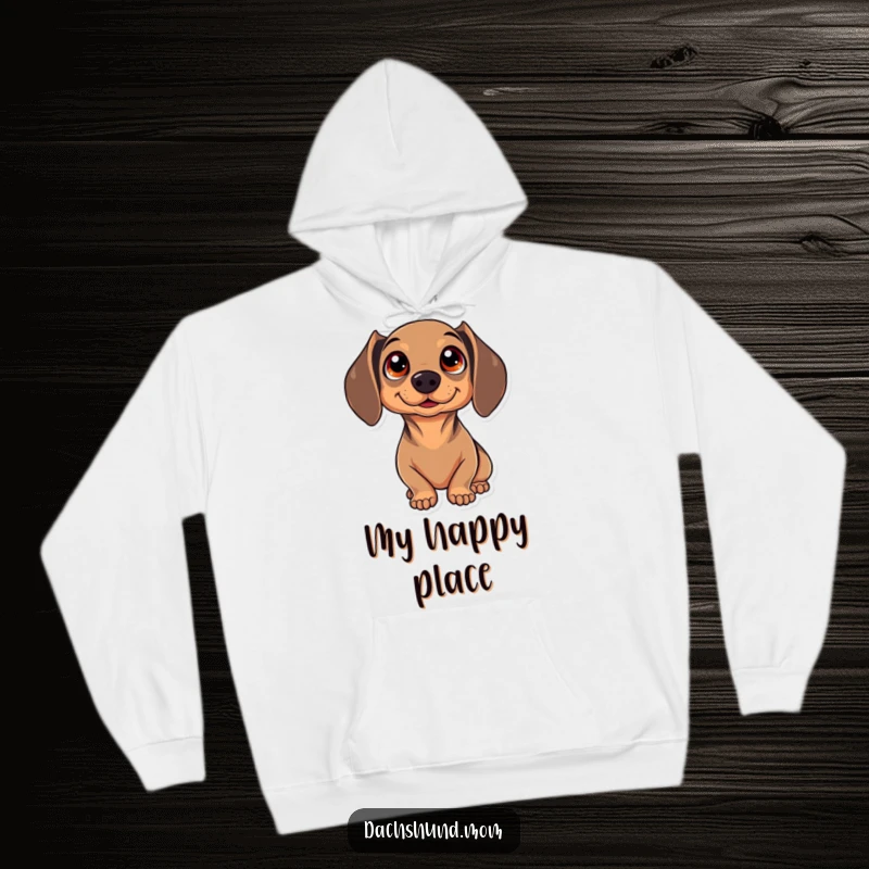 Funny Kawaii Dachshund Hoodie, showcasing a dog with large sparkling eyes filled with awe and wonder, ideal for gifting.