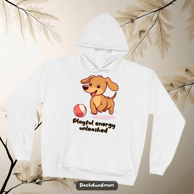 Funny Kawaii Dachshund Hoodie: Cute doxie wagging its tail, chasing a bouncing ball, offering comfort and playful humor.