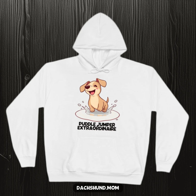 Funny Dachshund Hoodie: A cute kawaii dachshund energetically splashing in a tiny puddle, embodying pure, unadulterated canine joy.