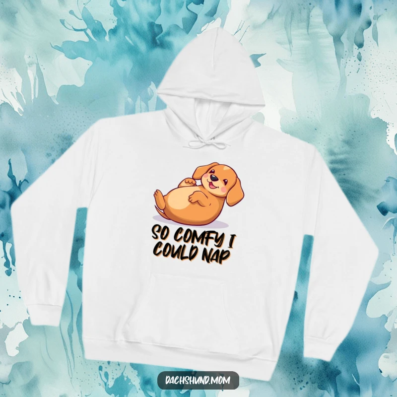 Funny Kawaii Dachshund Hoodie, a content puppy rolling on its back, exuding happiness and a carefree spirit.