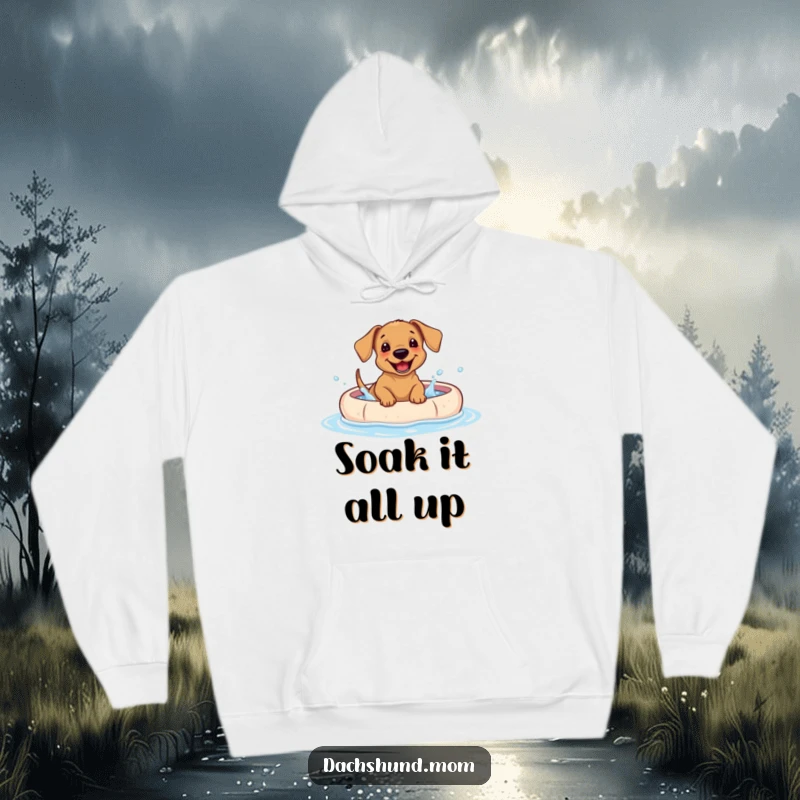 Funny Dachshund puppy hoodie, a cute dog giggling and splashing water in a kiddie pool.