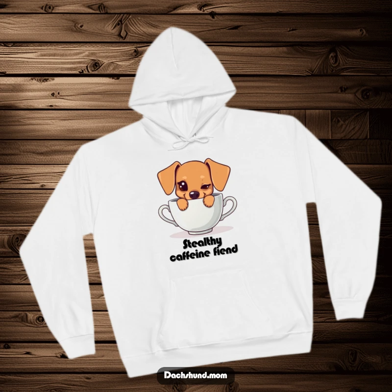 Funny hoodie featuring a kawaii dachshund winking as it hides behind a large teacup, radiating adorable mischief and cozy vibes.