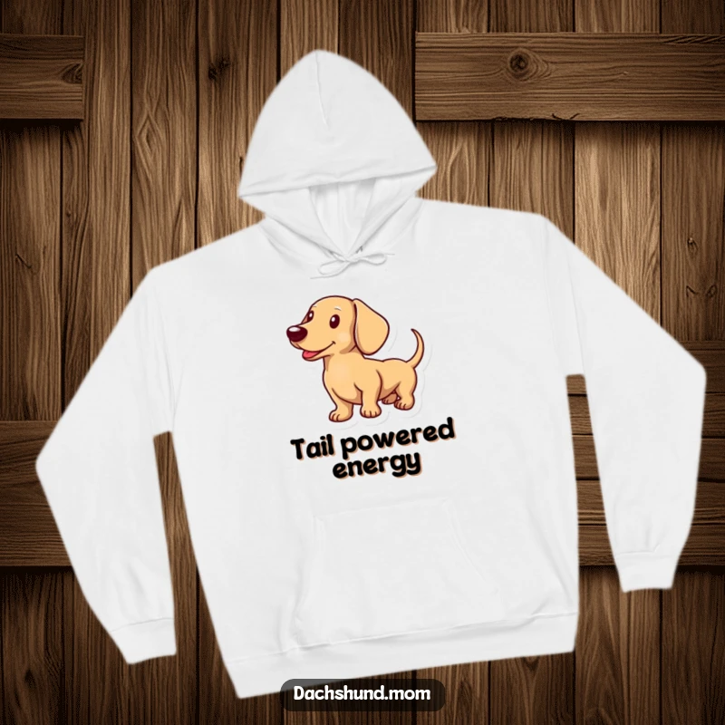 Funny hoodie illustrating a happy dachshunds tail wagging with pure excitement and infectious energy.