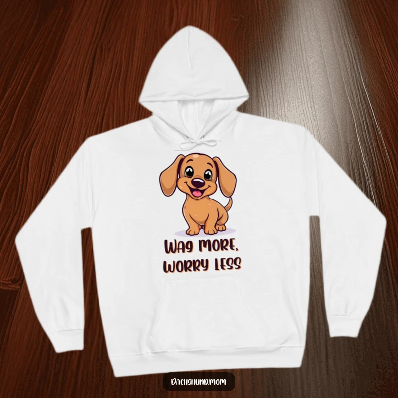 Funny Dachshund Hoodie showcasing a stylized, smiling body enthusiastically wagging its tail, perfect for cozy humor.