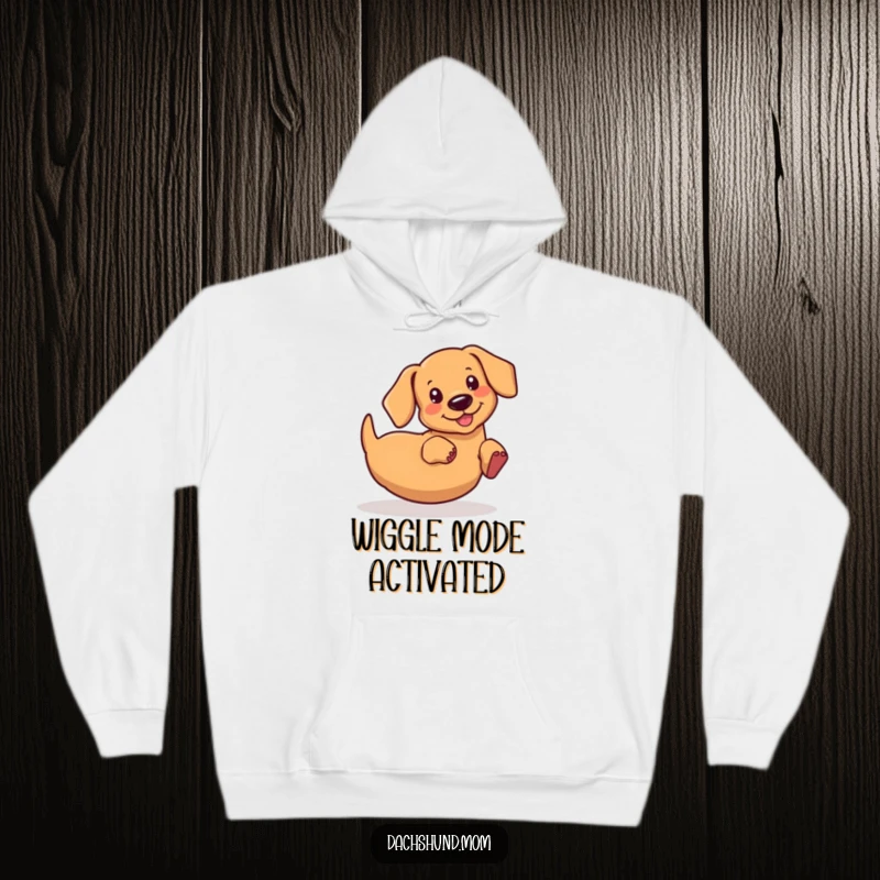 Funny kawaii dachshund hoodie, wiggling its rear end with infectious enthusiasm, perfect for cozying up with a laugh, a great gift.