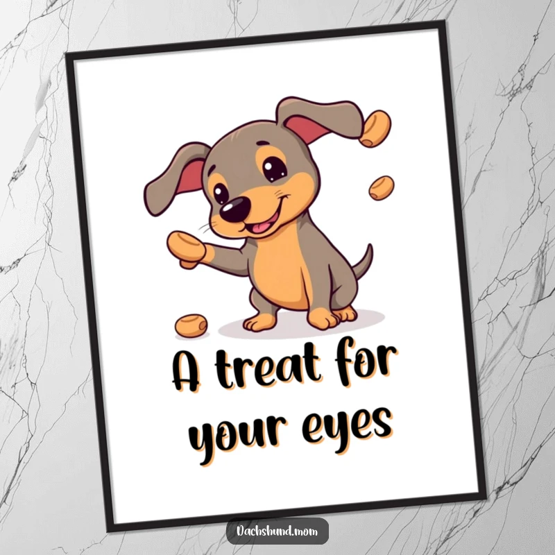 Free Printable Wall Art: Kawaii dachshund juggling small, round treats, funny dog decor, downloadable art.