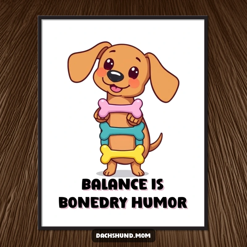 Funny Free Printable Wall Art: Kawaii dachshund demonstrating remarkable balance while topping a small stack of colorful bones.