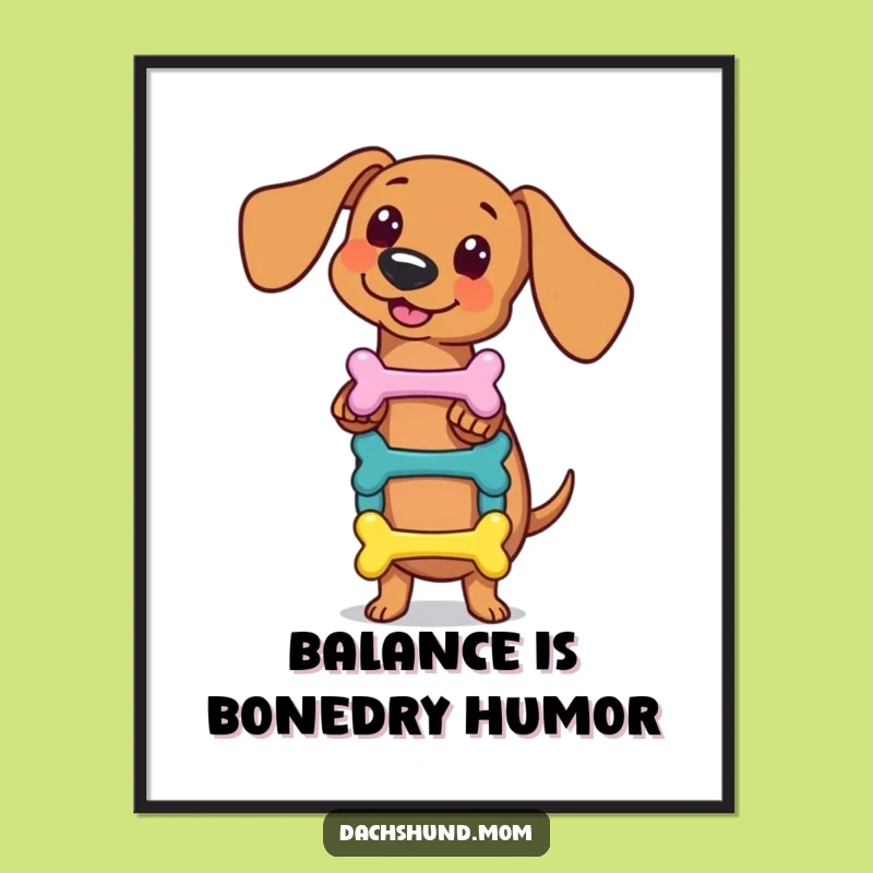 Free Printable Wall Art: Funny Kawaii Dachshund Bone Balance for Quirky Downloadable Decor