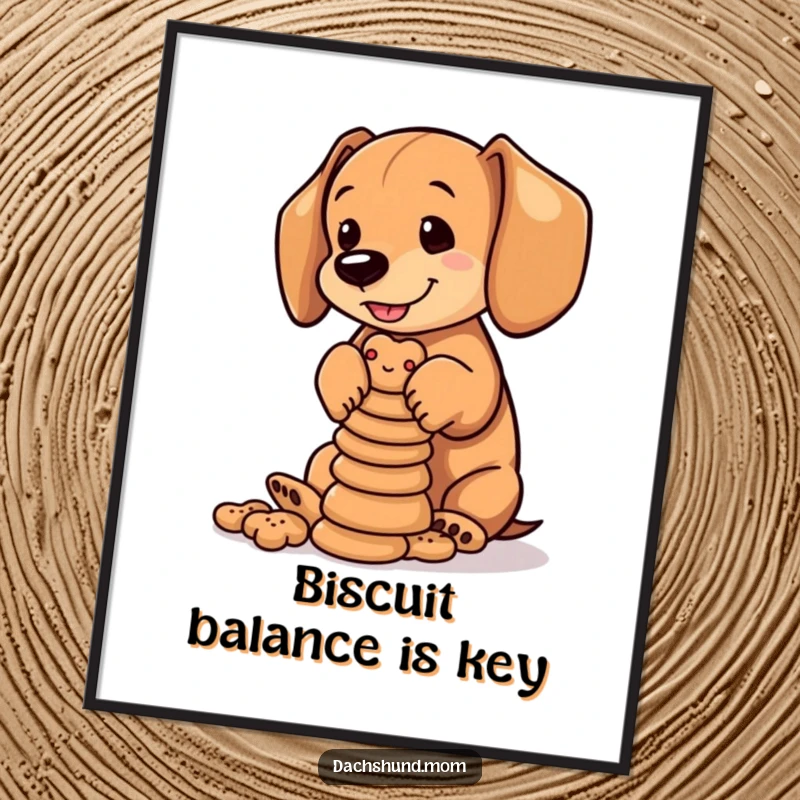 Funny free printable wall art: A playful dachshund cub balancing an impressive stack of tiny dog biscuits, looking focused.