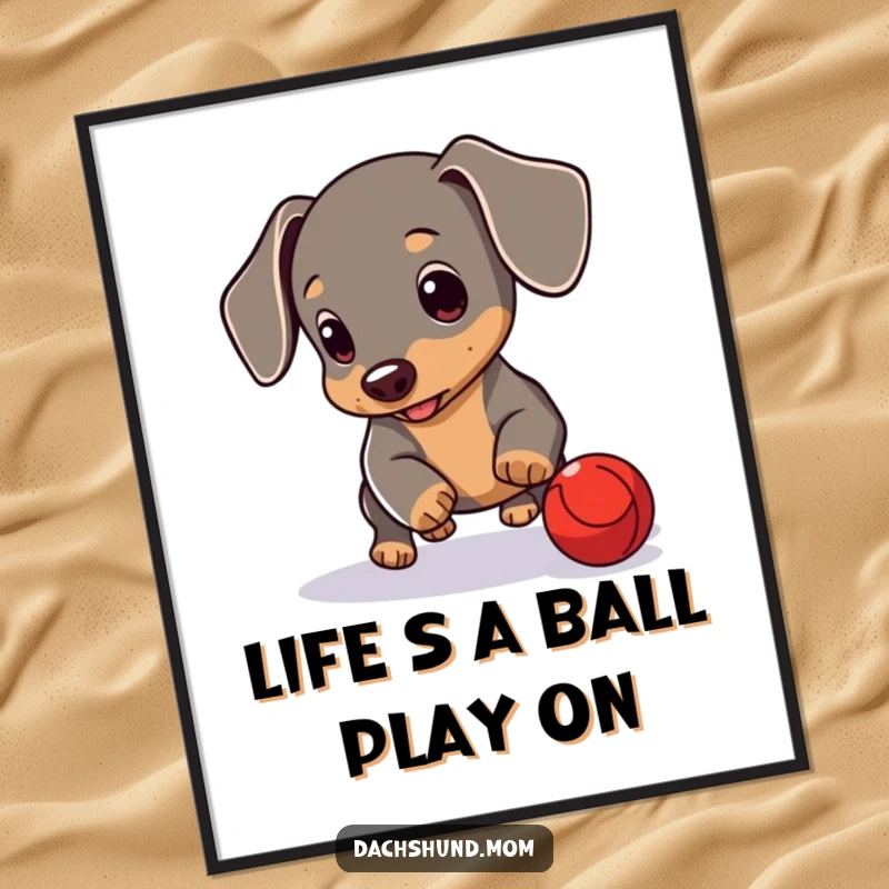 Funny free printable wall art: A cute dachshund cub enthusiastically rolling a tiny red ball, full of life.