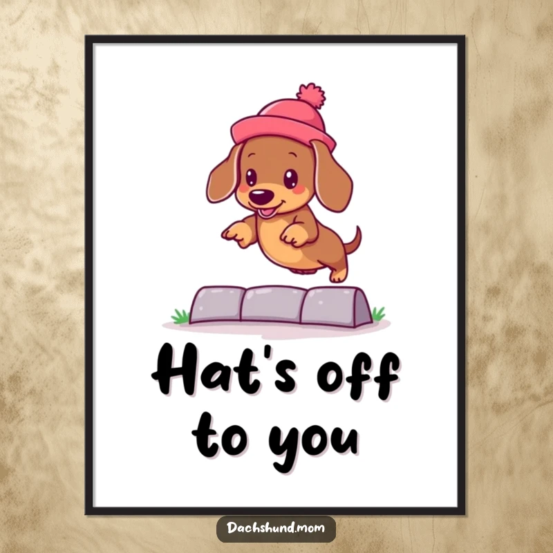 Funny Free Printable Dachshund Wall Art: Kawaii dog wearing a silly hat, jumping over a small obstacle.