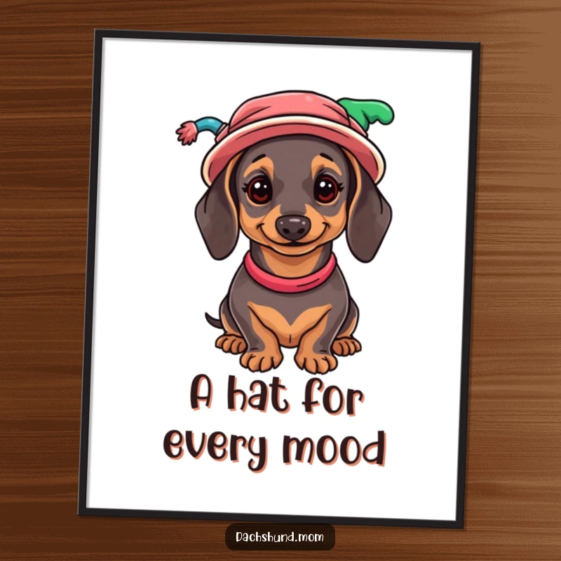 Funny free printable wall art: a dachshund modeling an impressive and colorful assortment of quirky, mismatched hats.