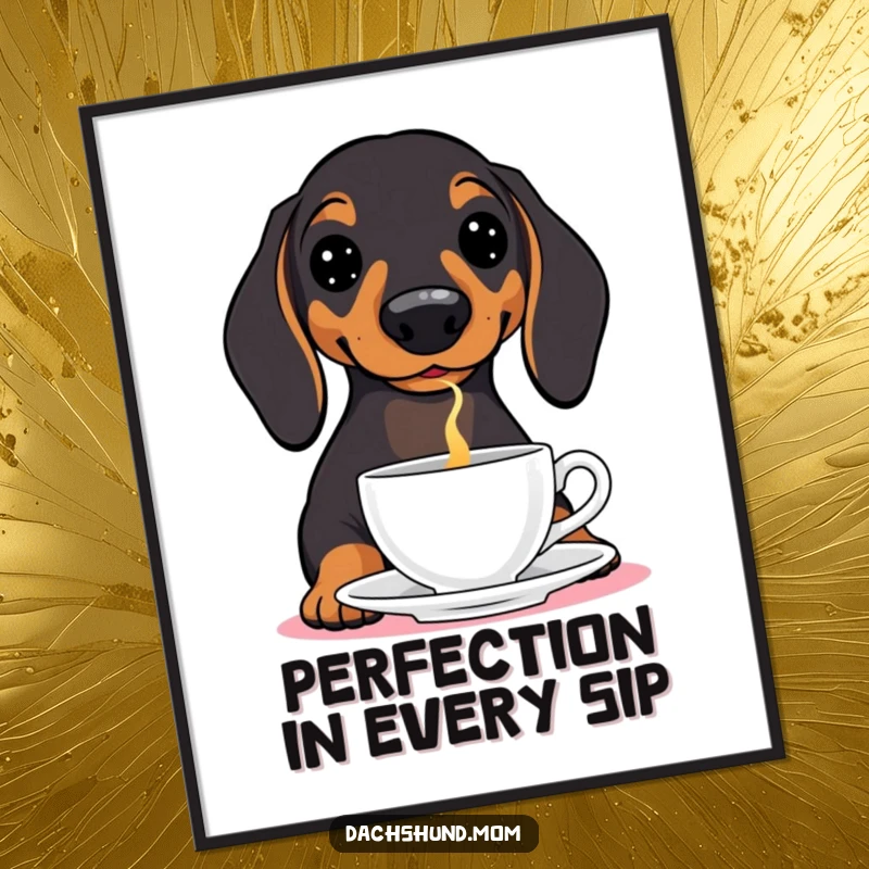 Funny free printable wall art: a dachshund with perfect balance, holding a teacup on its nose, a true artist.