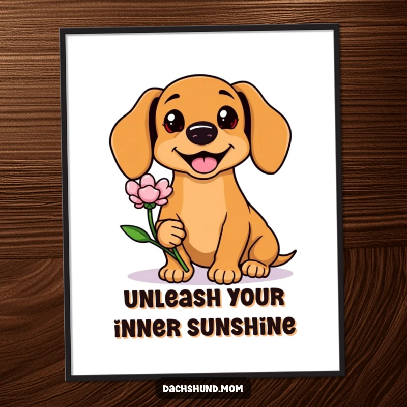 Funny Free Printable Kawaii Dachshund Wall Art, a smiling dog offering a flower, creating a vibrant and cheerful atmosphere.