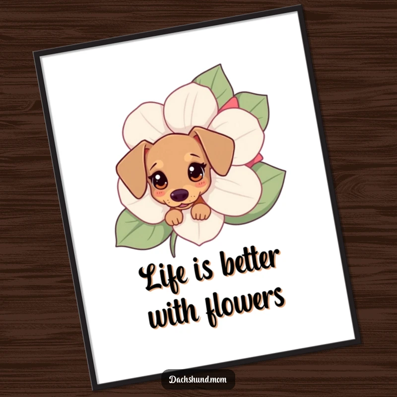 Funny Free Printable Wall Art: A cute Kawaii dachshund with big eyes peeking from behind a large flower, adding charm to any room.