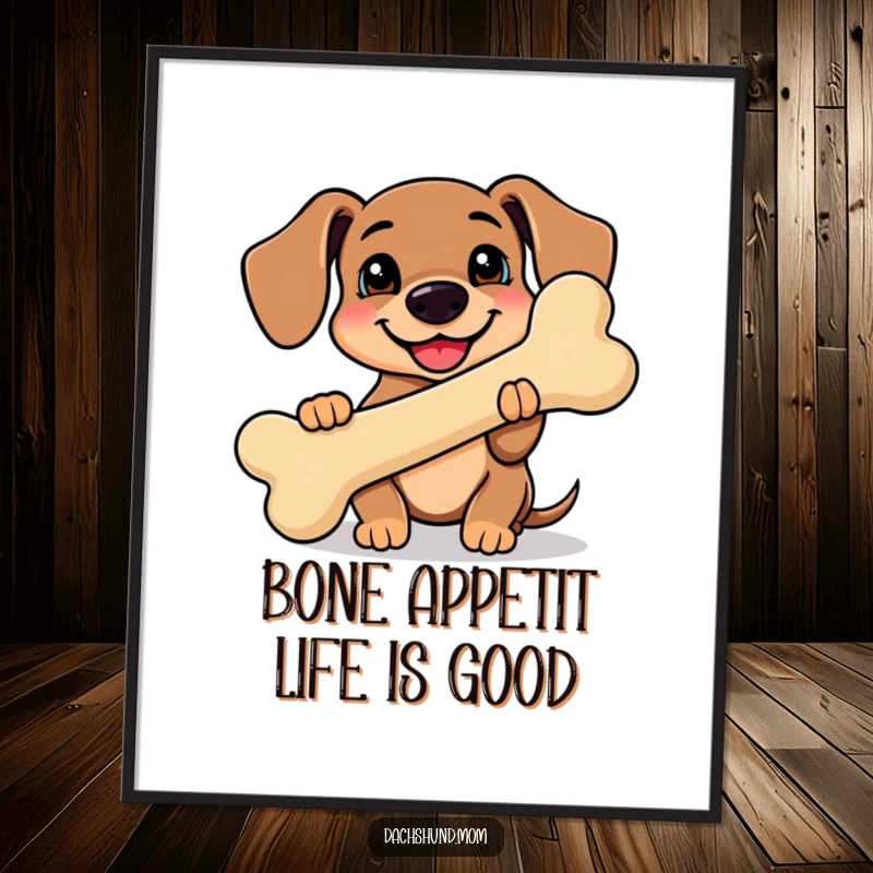 Funny Free Printable Wall Art: Kawaii dachshund proudly holding a giant, smiling bone, radiating happiness and pride.