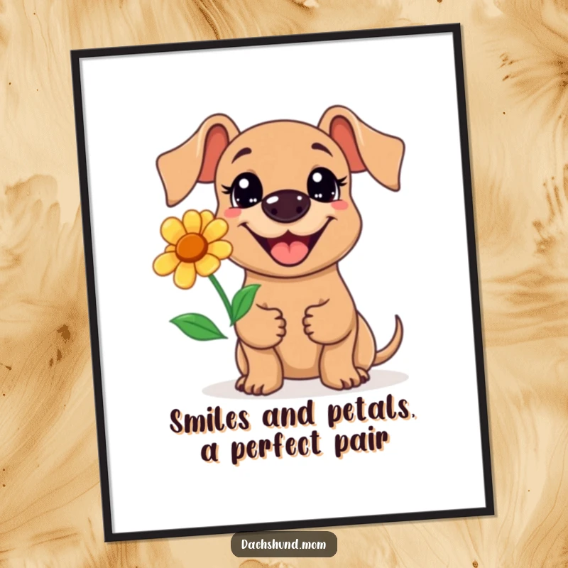 Funny Free Printable Wall Art: Kawaii Dachshund with an Enormous Grin Holding a Pretty Flower