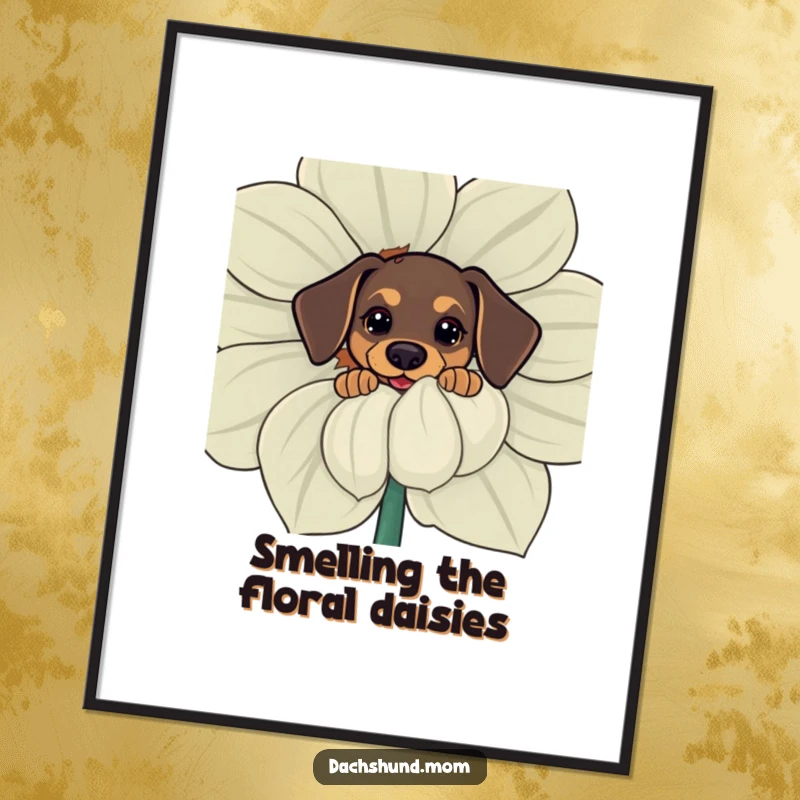 Free Printable Wall Art: Kawaii dachshund peeking from behind a giant flower, adorable cute dog decor, downloadable art.