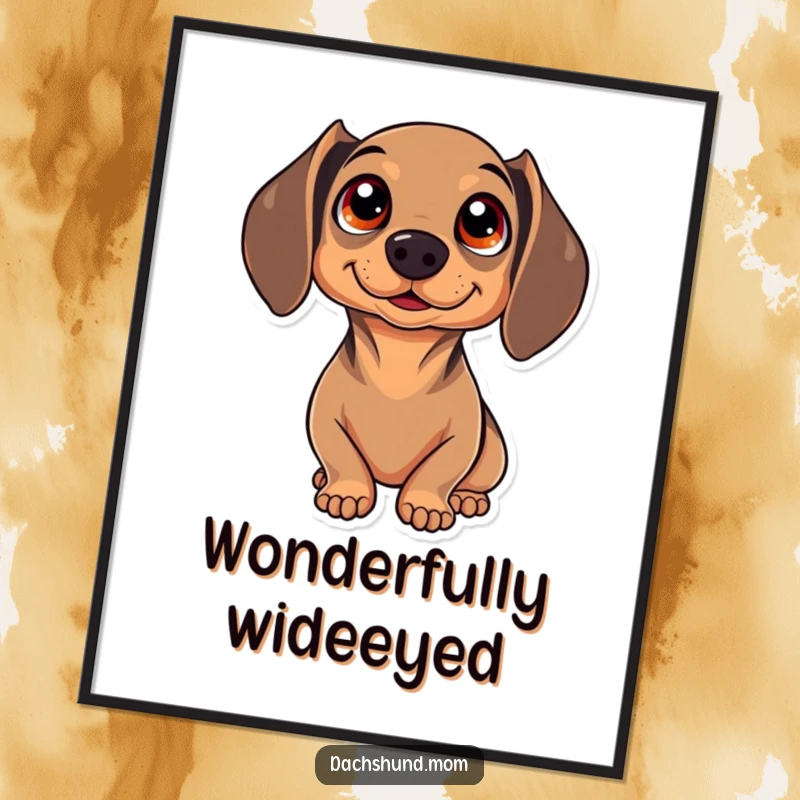 Funny Free Printable Wall Art: A kawaii dachshund with incredibly wide, sparkling eyes, gazing upwards in pure wonder, a DIY decor piece.