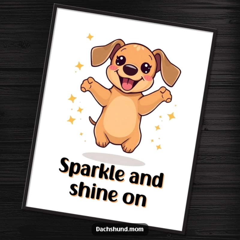 Funny Free Printable Wall Art: A kawaii dachshund captured mid-jump with pure delight, surrounded by a cascade of vibrant sparkles, a DIY decor piece.