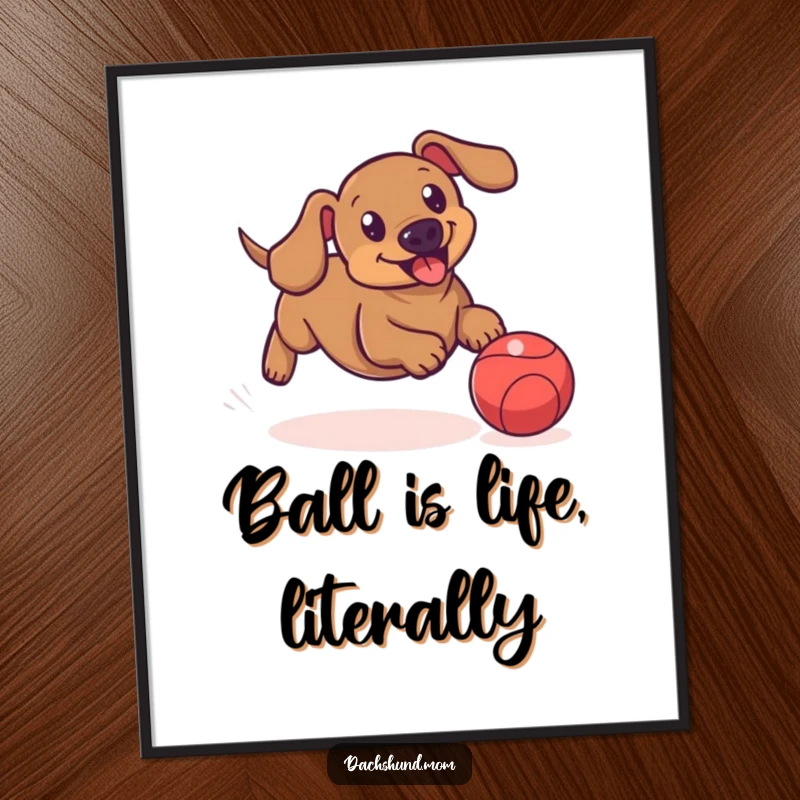 Funny free printable wall art of a dachshund in mid-chase, playfully leaping after a bouncing ball.