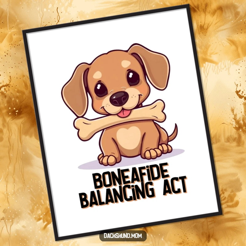 Funny Free Printable Wall Art: Kawaii dachshund attempting to balance a bone on its nose, humorous dog art.