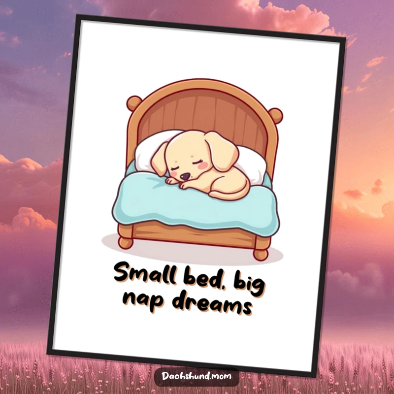 Funny Free Printable Wall Art: Sleepy kawaii dachshund curled in a comically small bed, humorous dog art.