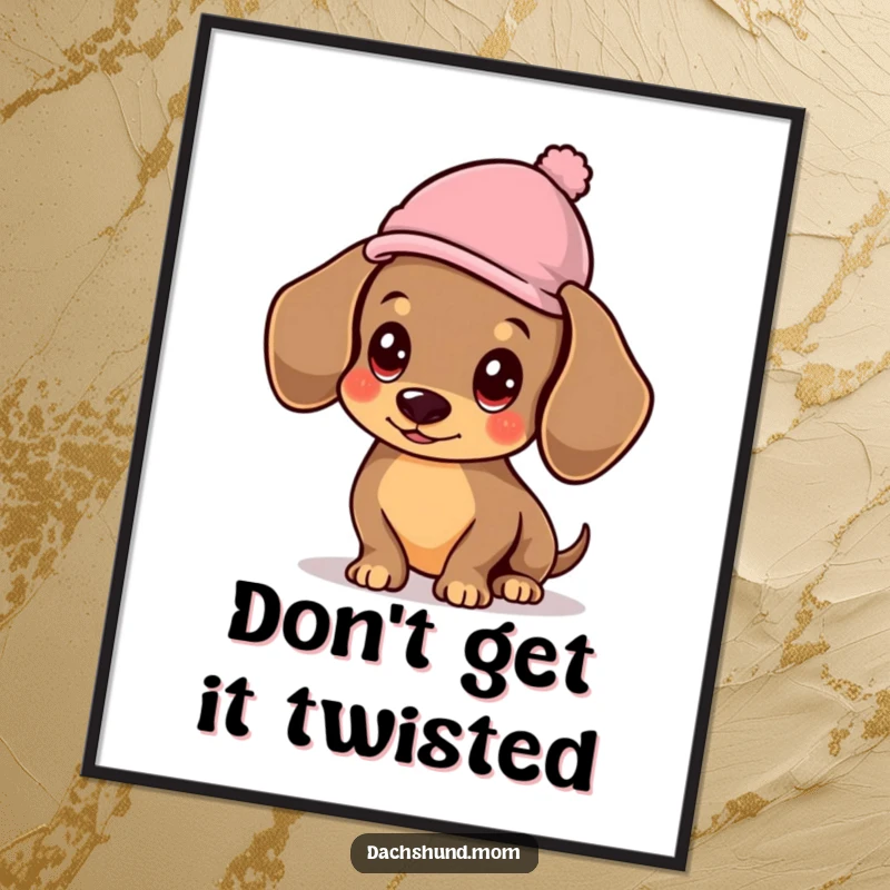 Funny Free Printable Wall Art: A stylish kawaii dachshund humorously balancing a small hat, adding character to your room.