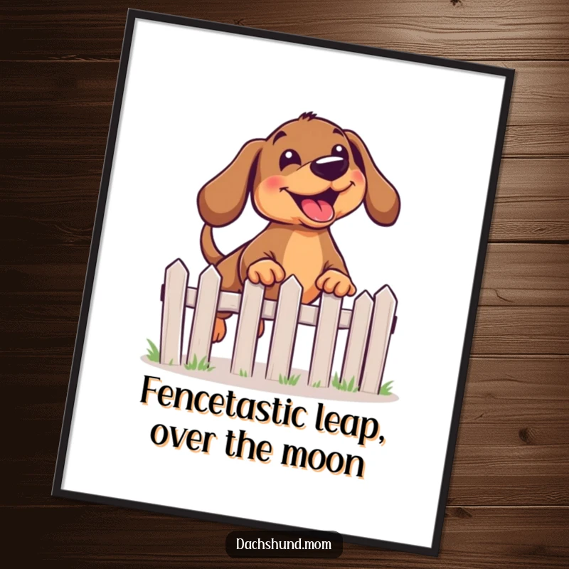 Funny Free Printable Wall Art: A kawaii dachshund with a beaming, joyful expression is captured mid-leap over a miniature fence.
