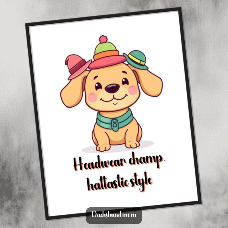 Funny Free Printable Wall Art: A kawaii dachshund hilariously balances a stack of various tiny hats on its head.