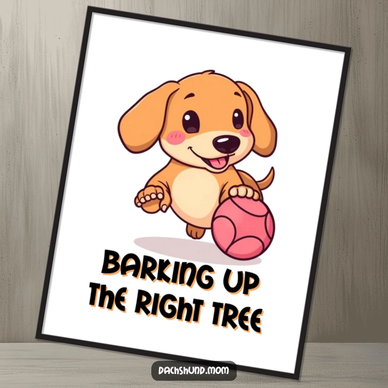 Funny Free Printable Wall Art: A kawaii dachshund with rosy cheeks joyfully chases a bouncing ball on a vibrant background.