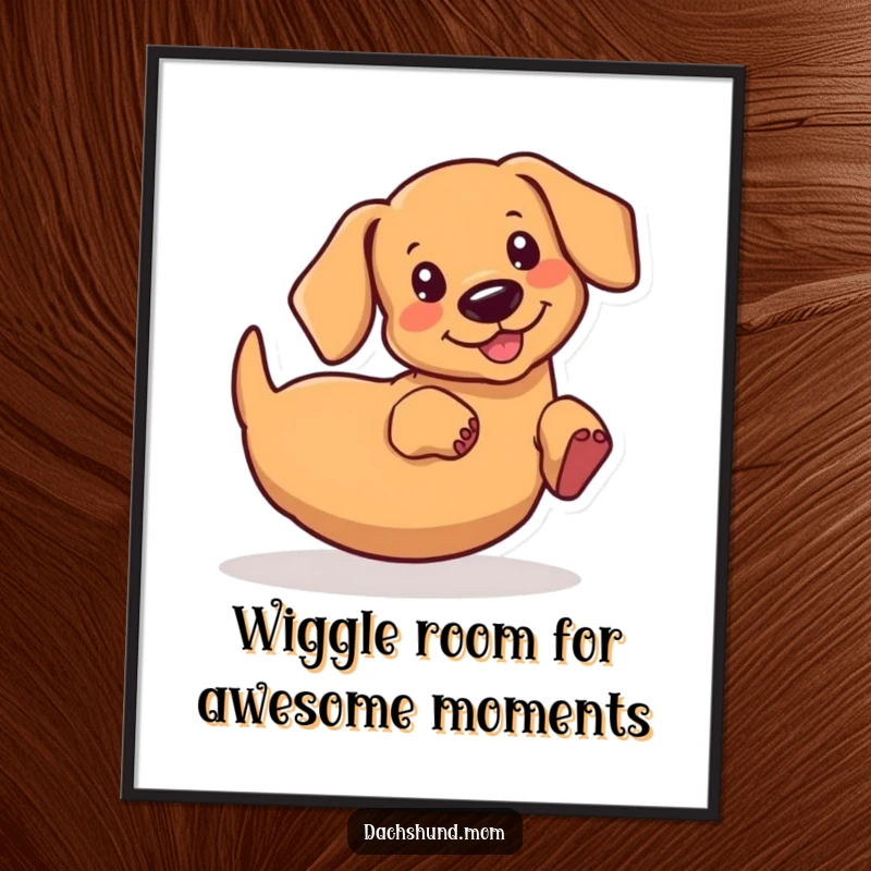 Funny Free Printable Wall Art: Kawaii dachshund wiggling its rear end enthusiastically, a hilarious and charming piece.