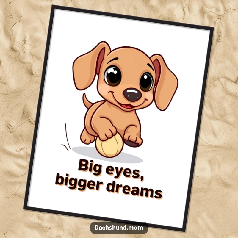 Funny Free Printable Wall Art: Kawaii dachshund with comically oversized eyes, playfully chasing a tiny ball.