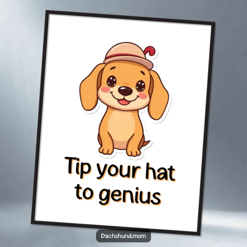 Funny Free Printable Wall Art: Kawaii dachshund tipping a small hat with a broad, cheerful grin, exuding politeness.