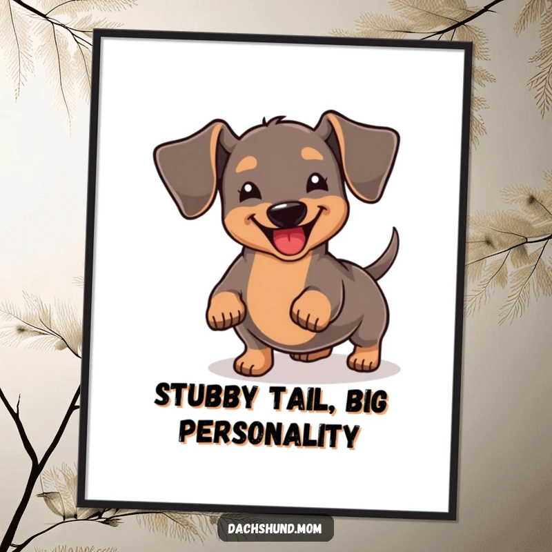 Funny Free Printable Wall Art showcasing a kawaii dachshund wiggling its stubby tail with extreme happiness, a perfect piece of downloadable art for any wall.