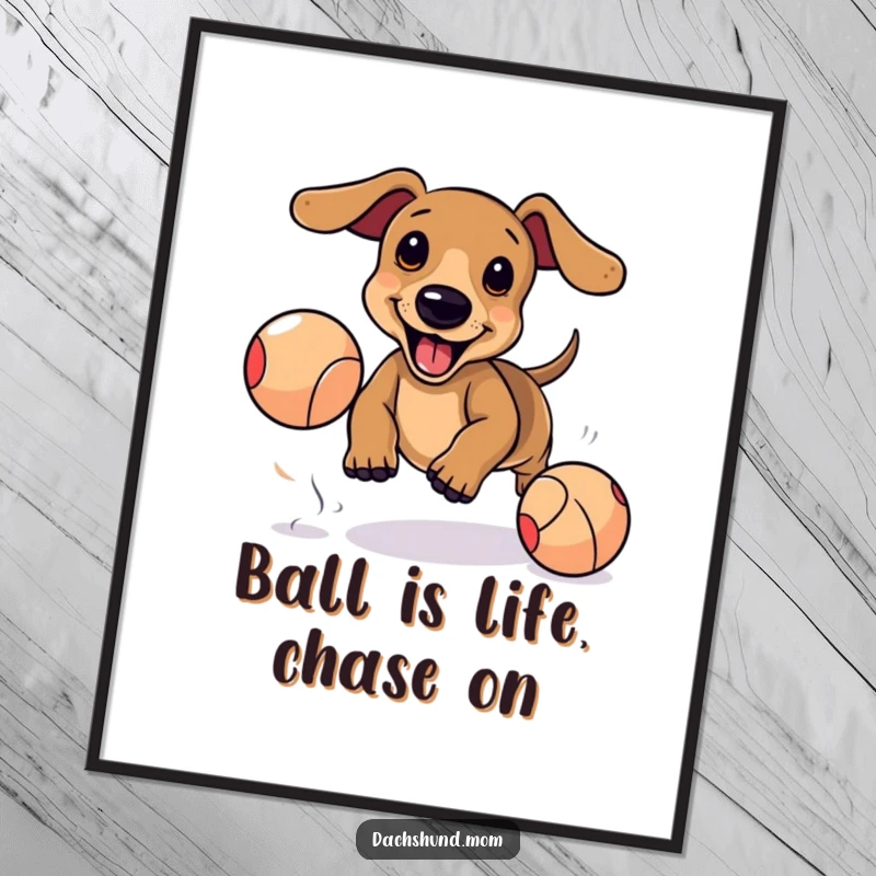 Funny Free Printable Wall Art: Kawaii Dachshund Chases Ball, Playful Dog, Action Art