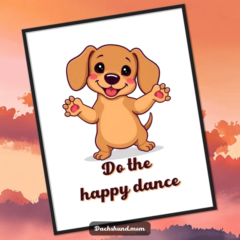 Funny Free Printable Wall Art: Kawaii dachshund in a silly dance pose, front paws energetically in the air.